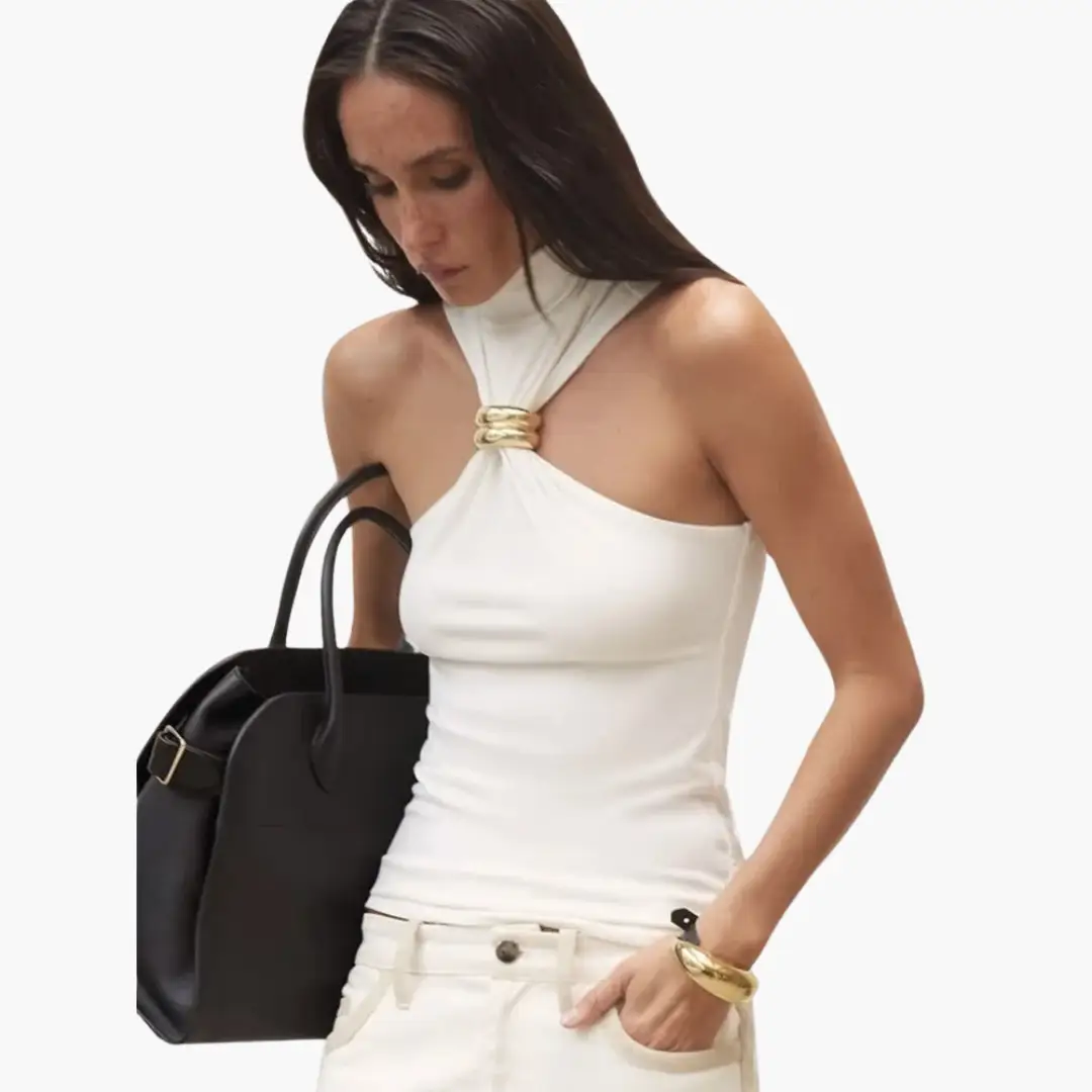 Chic High Neck Halter Top by Wilfred Smith in white with gold-tone ring detail