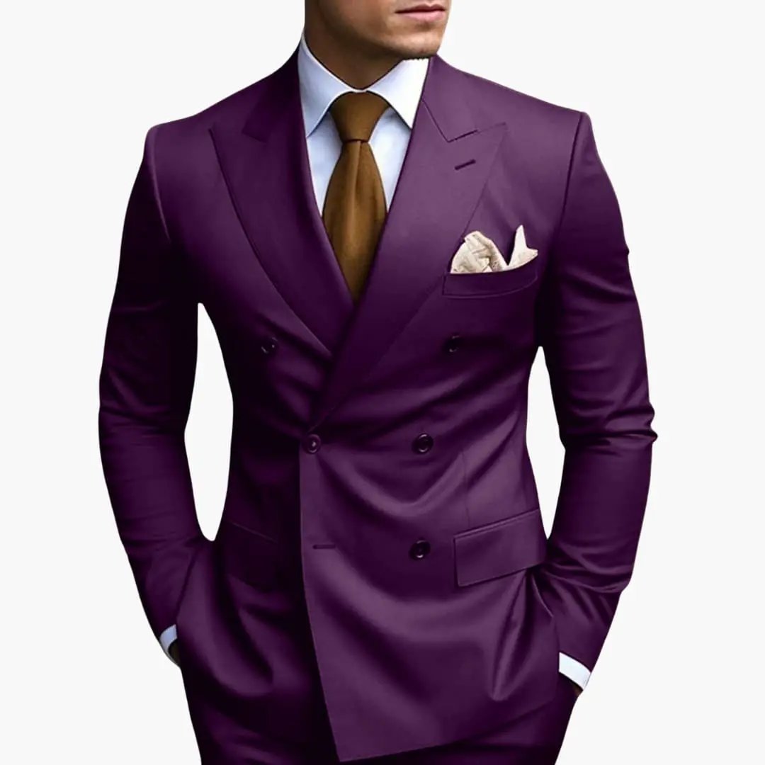 Men's purple double-breasted suit with notched lapels and beige pocket square.