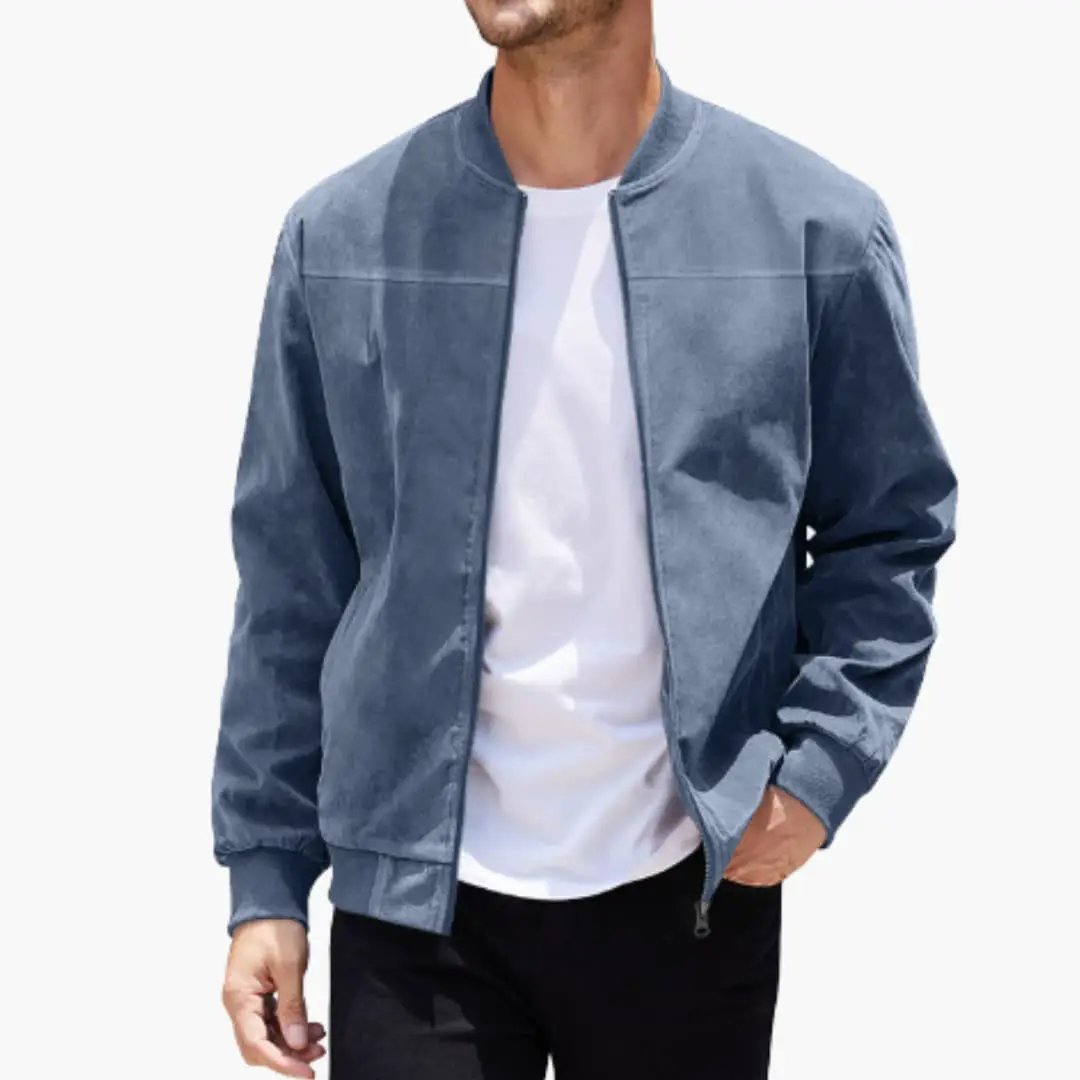 Bomber jacket for men by Wilfred Smith in light blue with zip front and ribbed cuffs