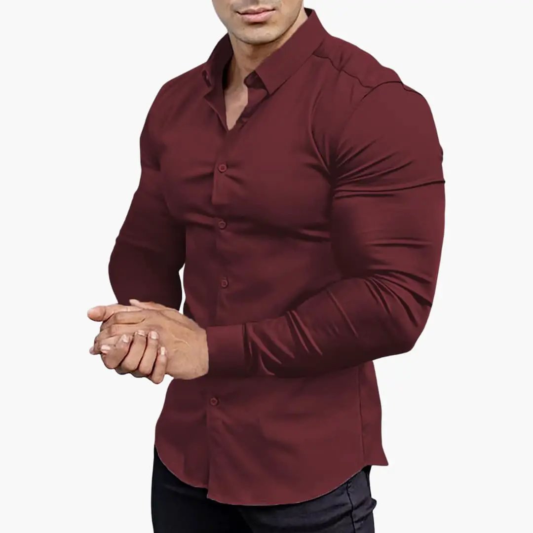 Slim-fit men's shirt by Wilfred Smith in burgundy, long-sleeve button-down