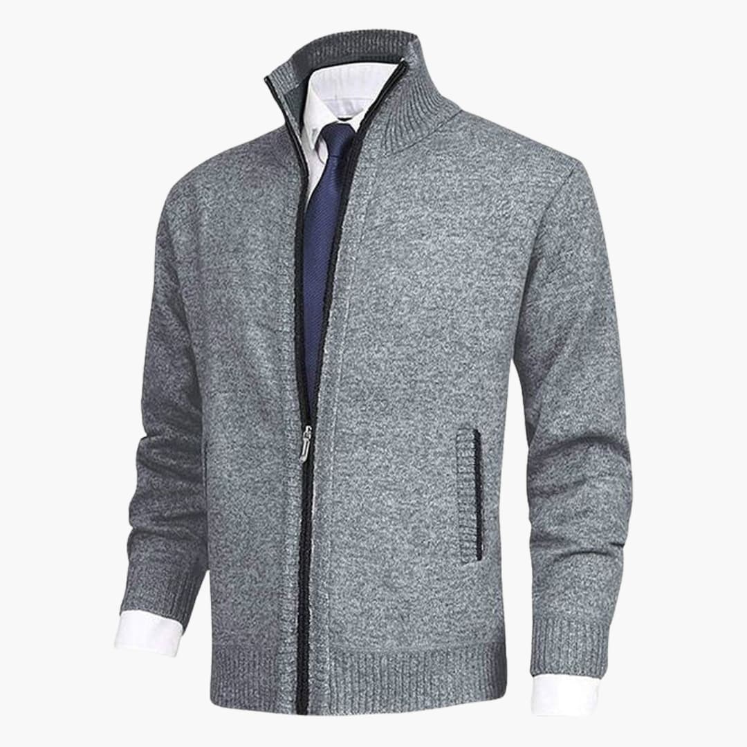 Men's zip cardigan with stand-up collar and ribbed cuffs, gray knit by Wilfred Smith