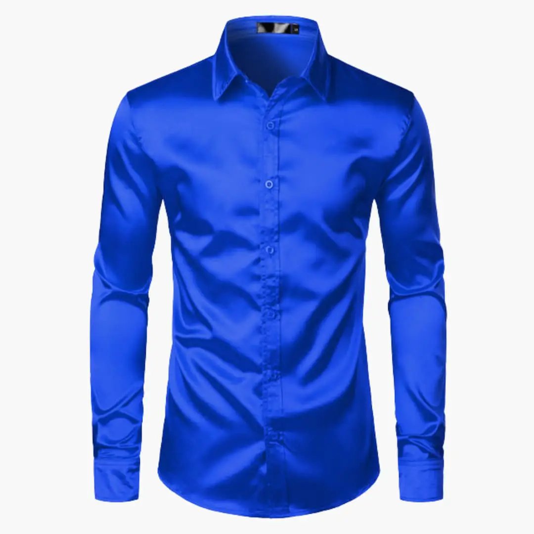 Light shirt for men by Wilfred Smith in electric blue satin.