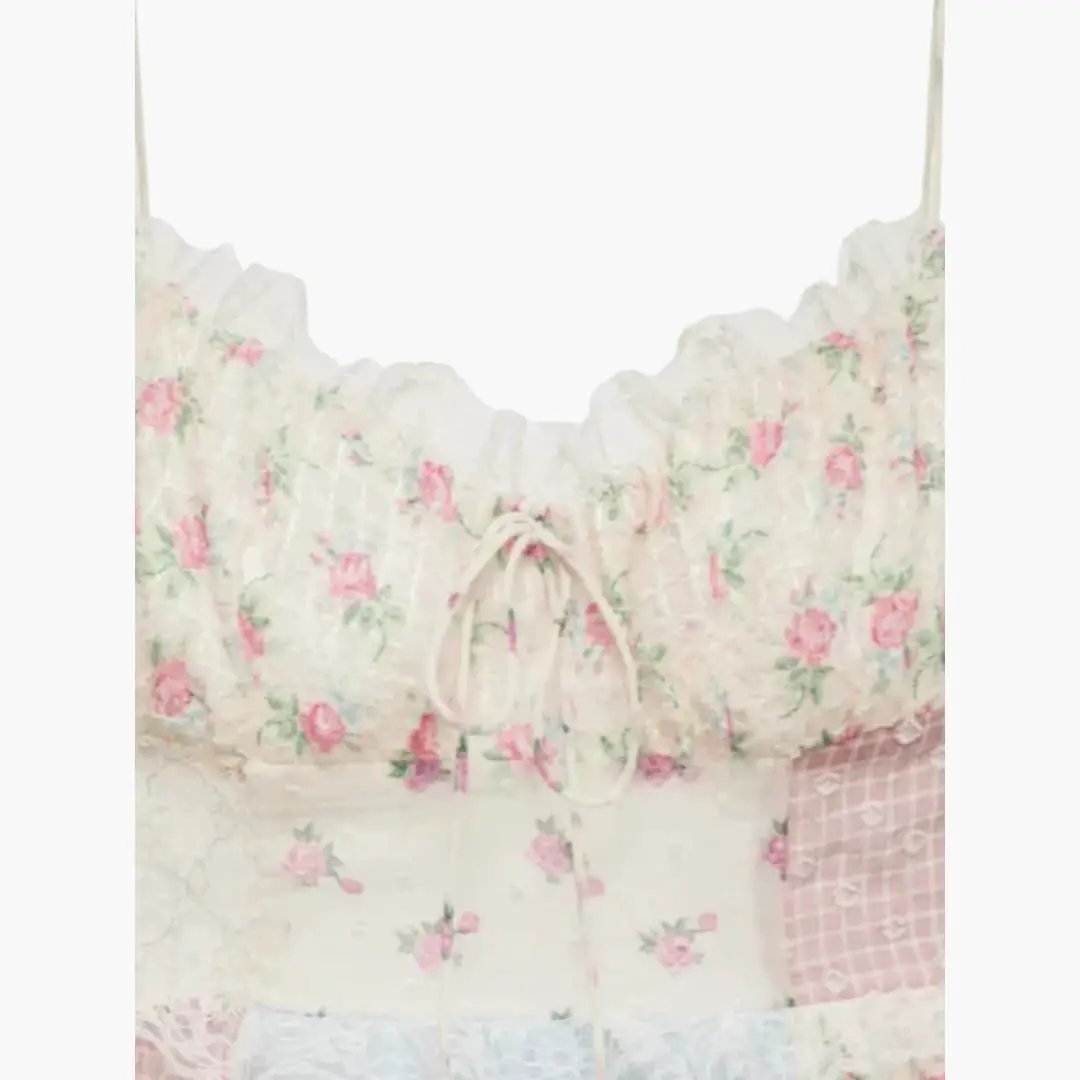 Patchwork Maxi Dress, pink floral print with lace trim and spaghetti straps