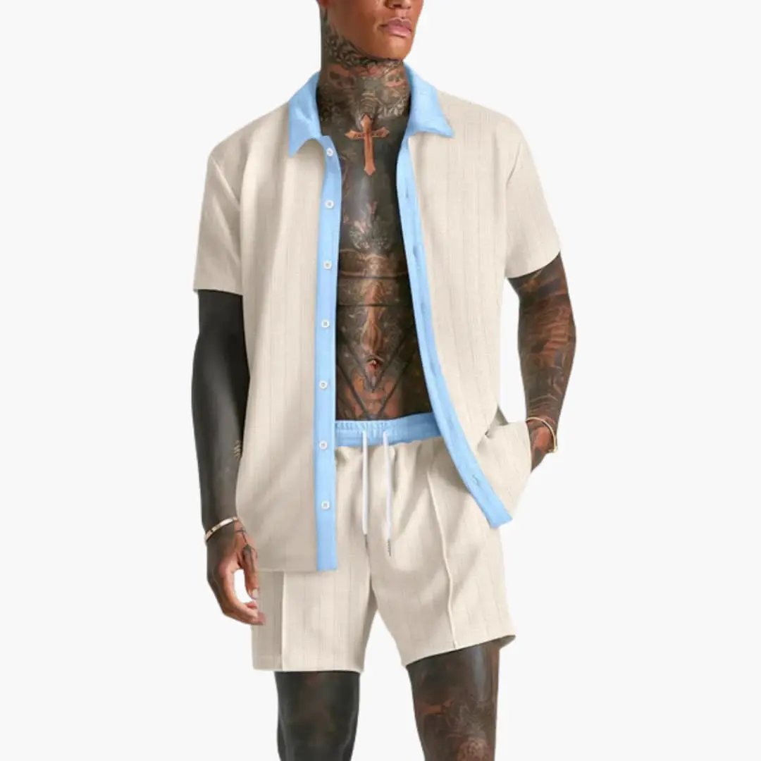 Men's summer two-piece set by Wilfred Smith: beige short-sleeve shirt with blue trim and matching drawstring shorts