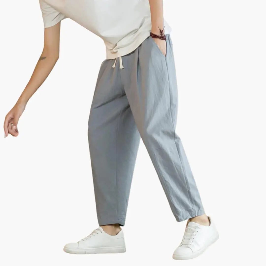 Comfortable pants for men, light gray leisure trousers with drawstring waist
