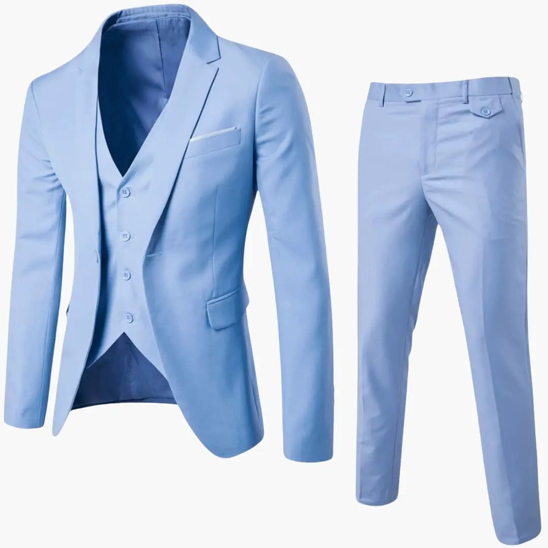 Three-piece suit set with vest for men in light blue by Wilfred Smith