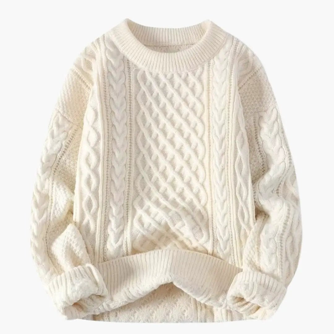 Women's cable-knit sweater in cream by Wilfred Smith; round-neck pullover.