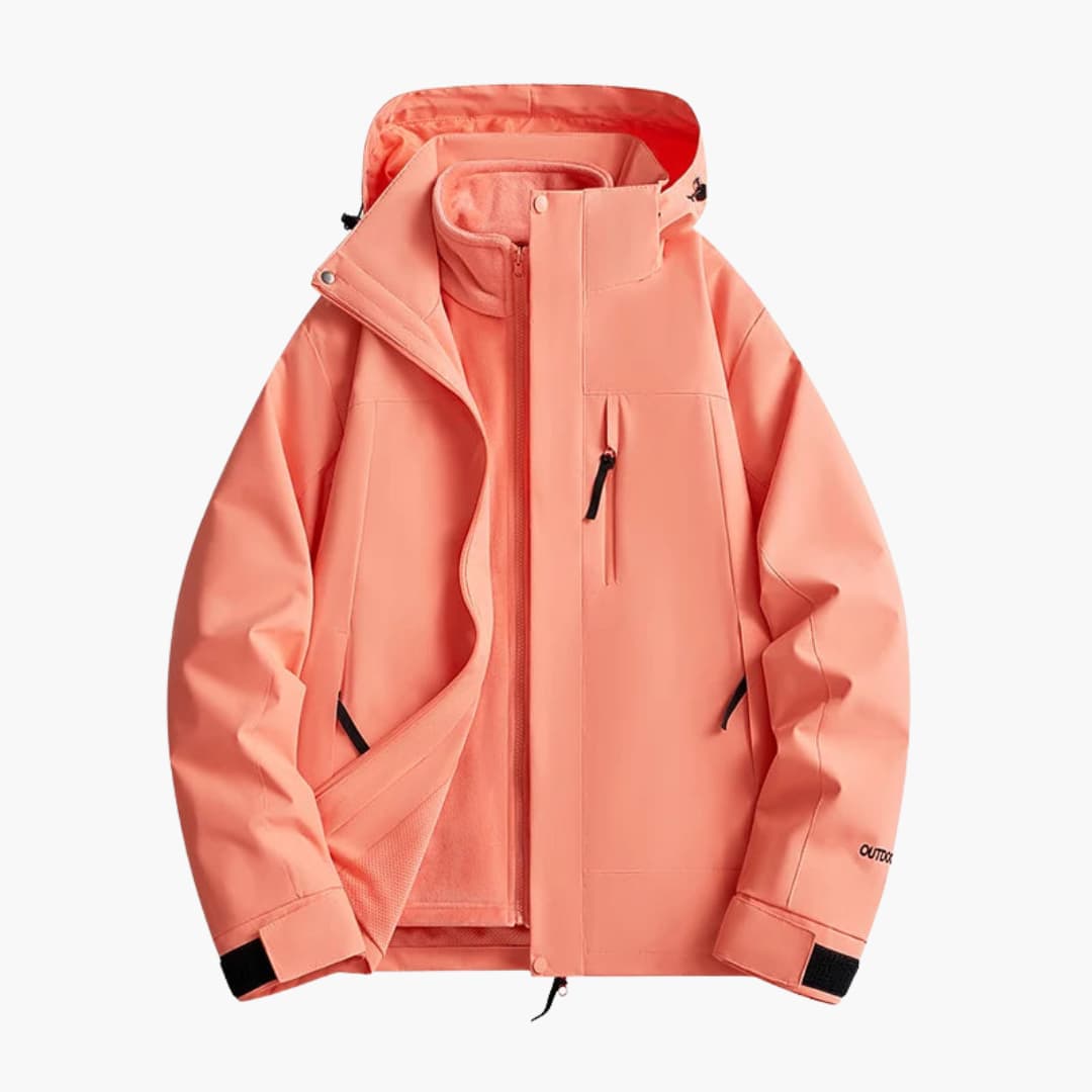 Unisex ski jacket with hood in coral pink, front zipper and zippered pockets.