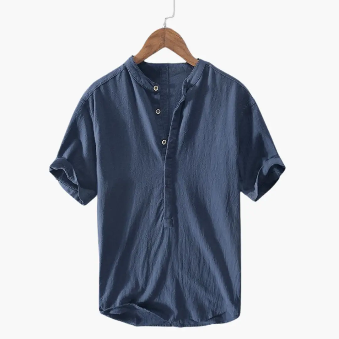 Men's blue short-sleeve shirt with stand-up collar