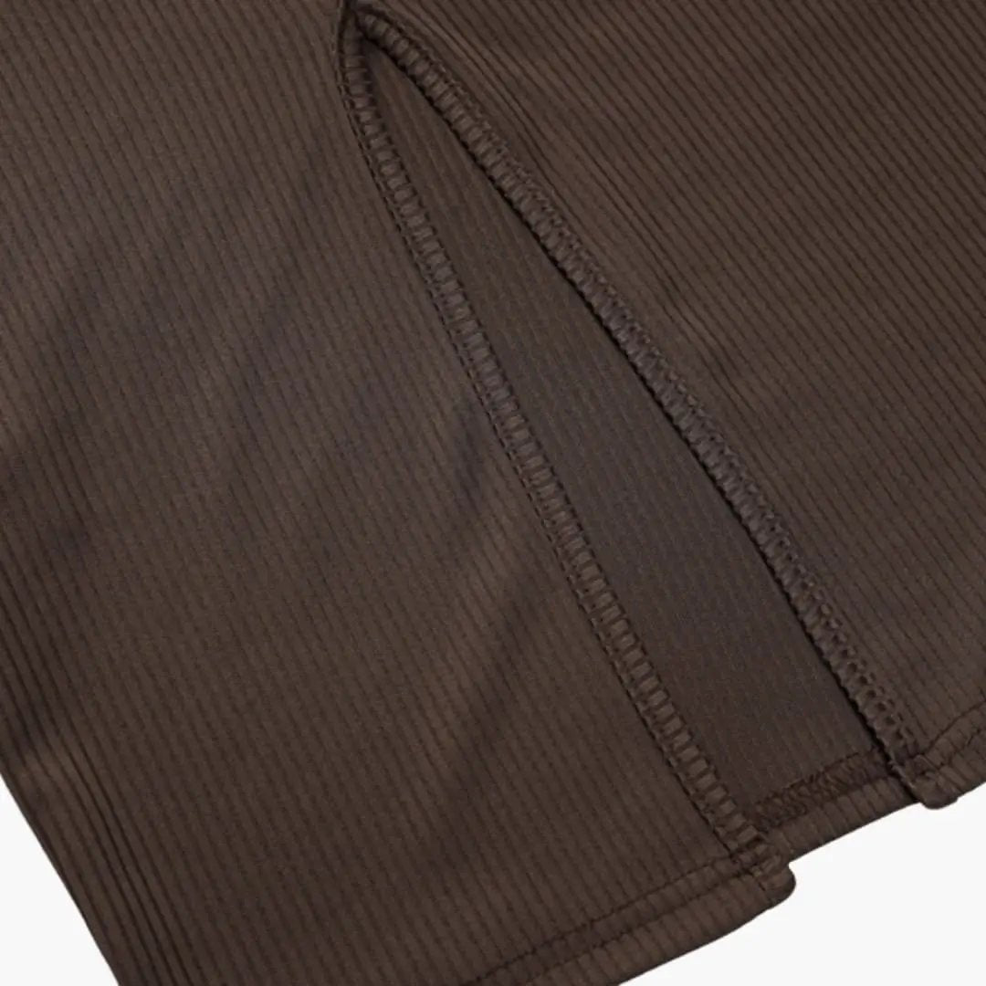 Elegant Summer Dress fabric close-up: brown ribbed maxi dress by Wilfred Smith
