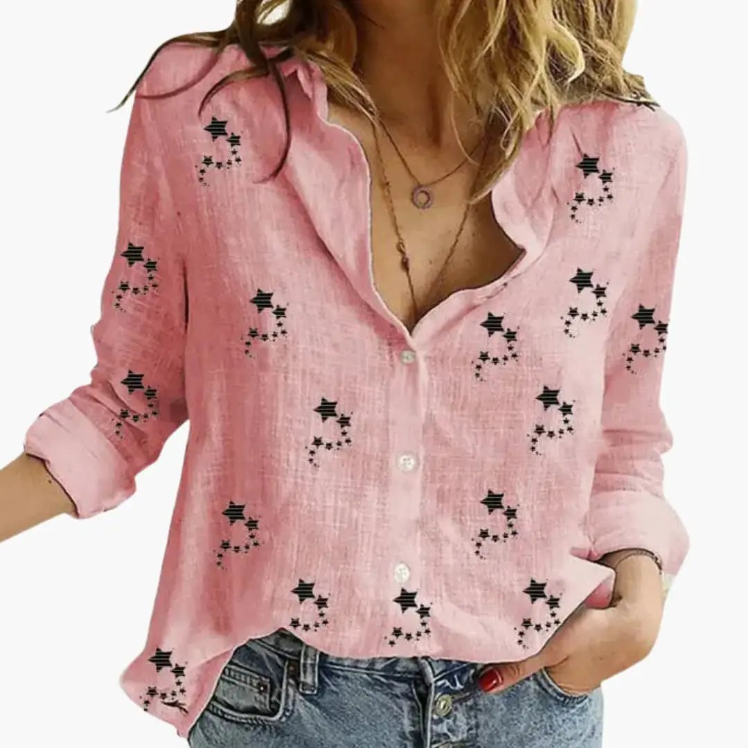 Elegant floral pattern blouse in pink with black star prints, button-down, long sleeves
