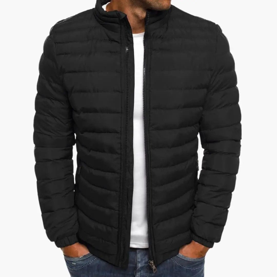 Men’s black puffer jacket with hood and zipper closure