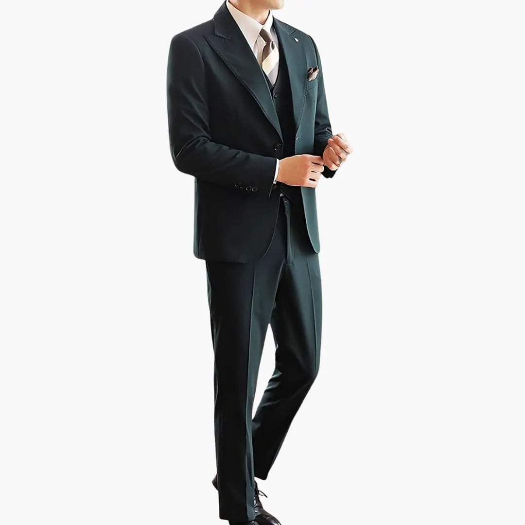 Men's three-piece suit set with vest by Wilfred Smith, dark green, slim fit