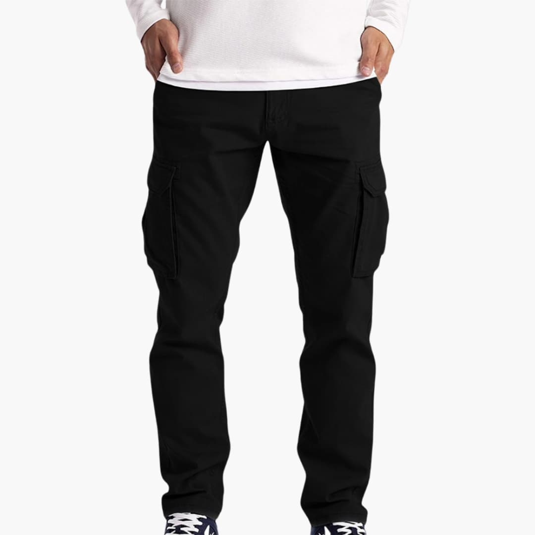 Men's Summer Cargo Pants with Pockets and Adjustable Waist, black.