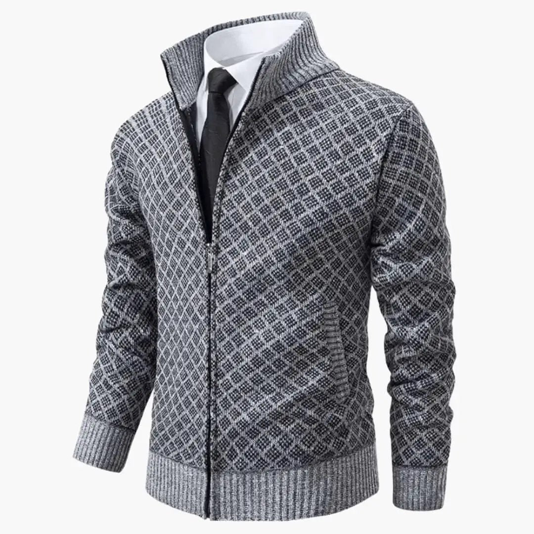 Men's sport jacket with diamond-knit pattern, zip front closure, gray color