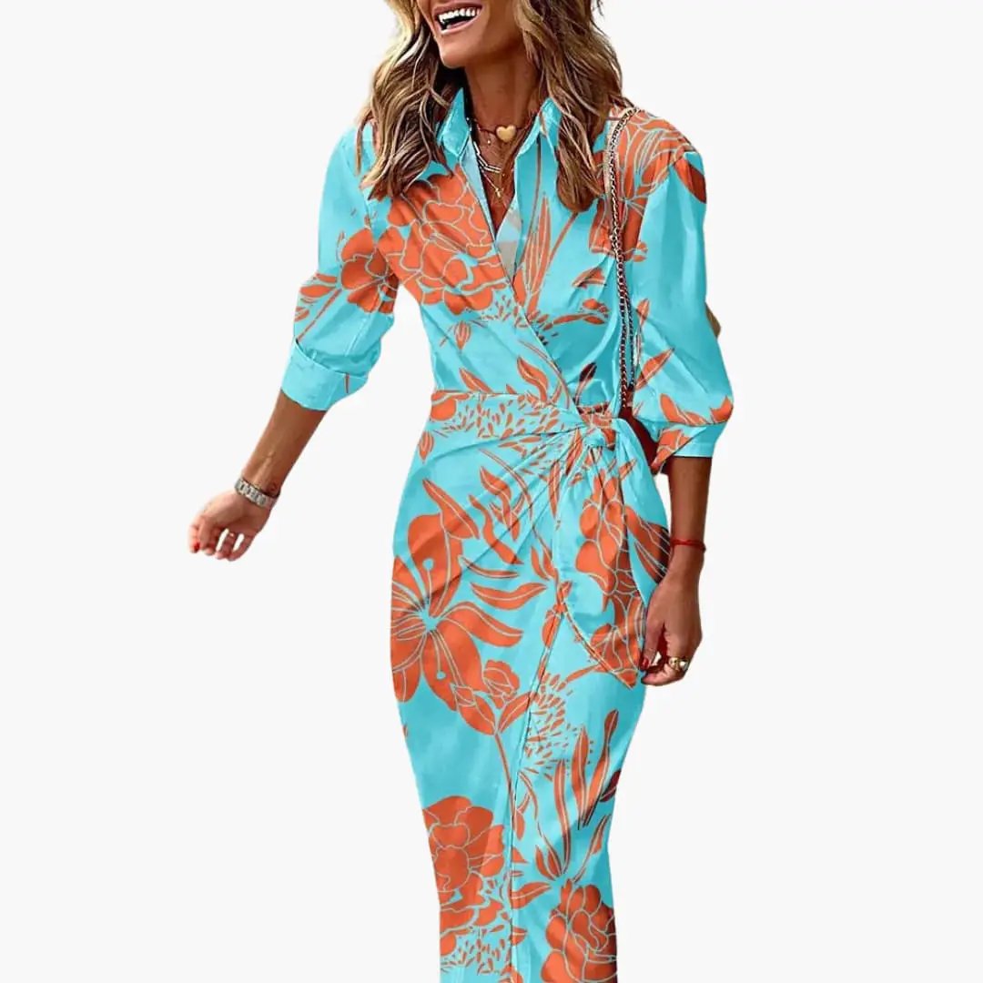 Cotton shirt dress, women's maxi, turquoise with orange floral print, wrap waist