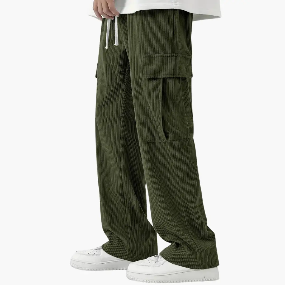 Men's olive-green corduroy pants with elastic waistband and side cargo pockets