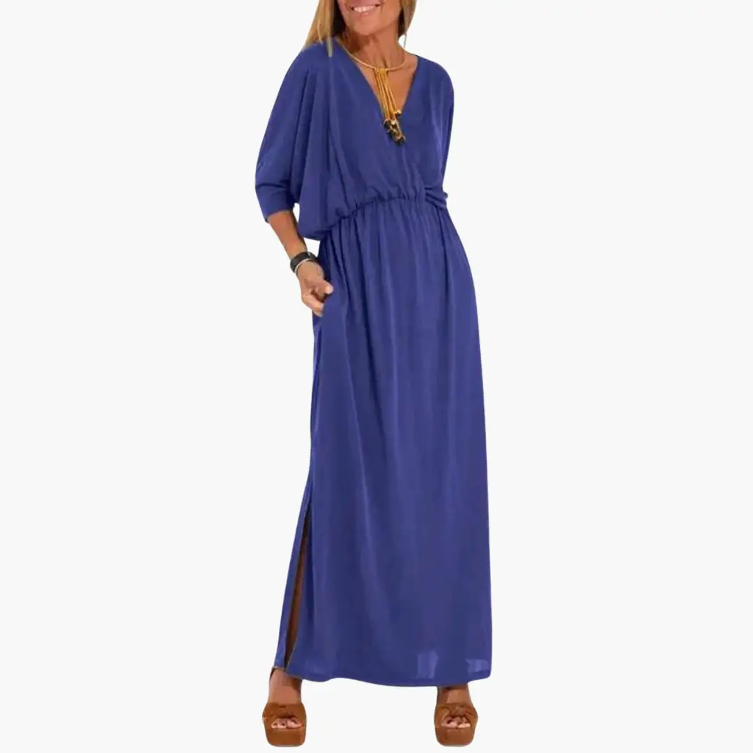Women's blue Wilfred Smith V-neck maxi dress with 3/4 sleeves, elastic waist and side slit