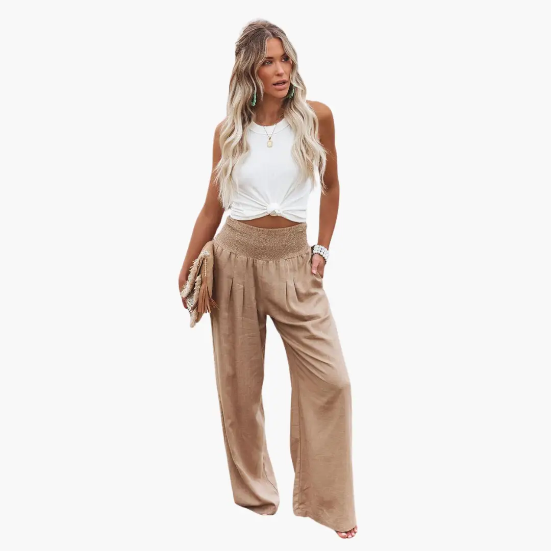 Palazzo trousers for women in tan, wide-leg summer pants.