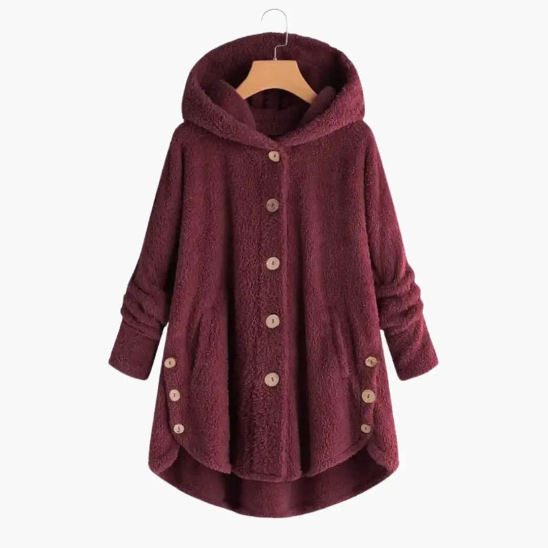 Women's Jacket with Hood and Button Closure, burgundy teddy fabric with wooden front buttons.