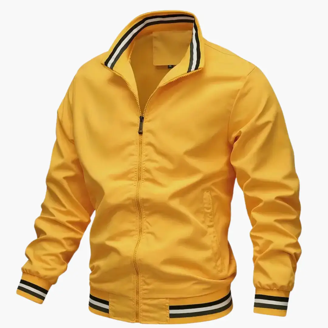 Men's yellow bomber jacket with ribbed cuffs and hem, front zipper