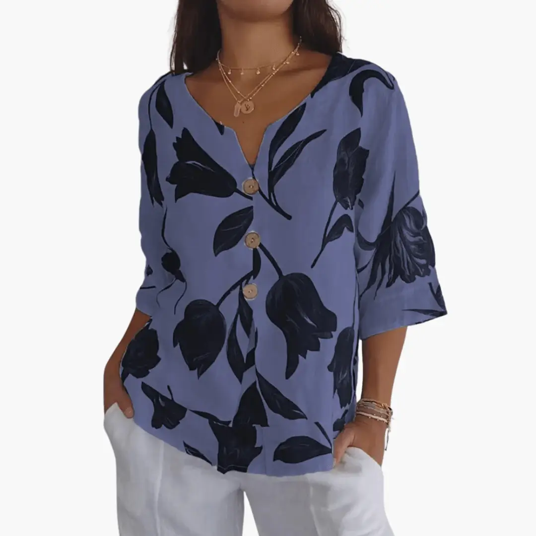 Women's blue floral print blouse with V-neck, button-front, 3/4 sleeves.