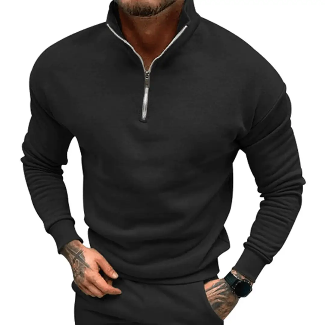 Men's black zip-up sweatshirt with quarter-zip collar and long sleeves