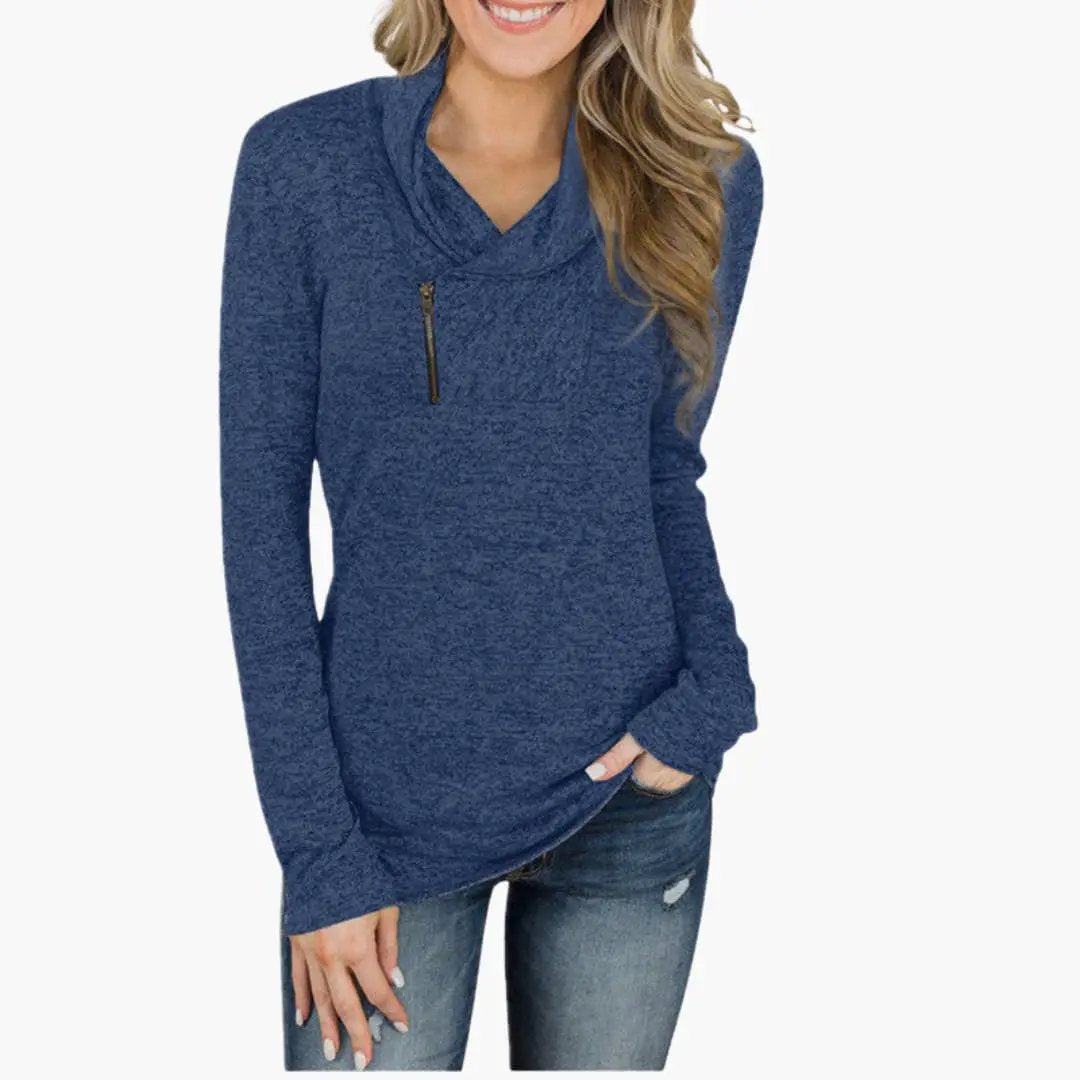Women's blue heathered long-sleeve pullover sweater with collar and zipper detail