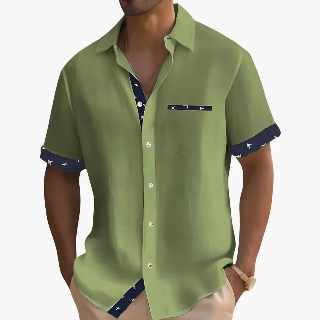 Slim-fit men's shirt in olive green with navy rolled cuffs and pocket trim