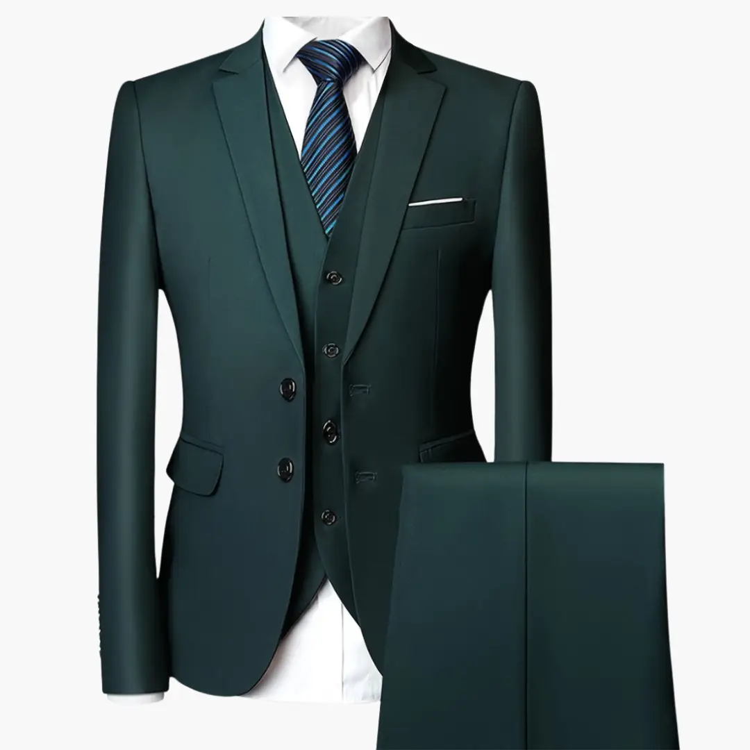 Wedding Suit Single-Breasted by Wilfred Smith: dark green three-piece suit with vest, white shirt, and blue striped tie.