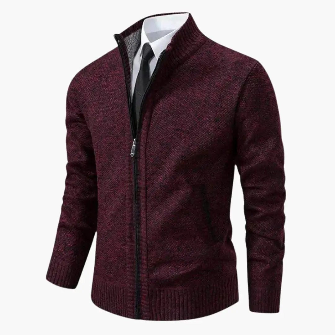 Men's knit jacket with zipper in burgundy, ribbed collar and cuffs, front pockets