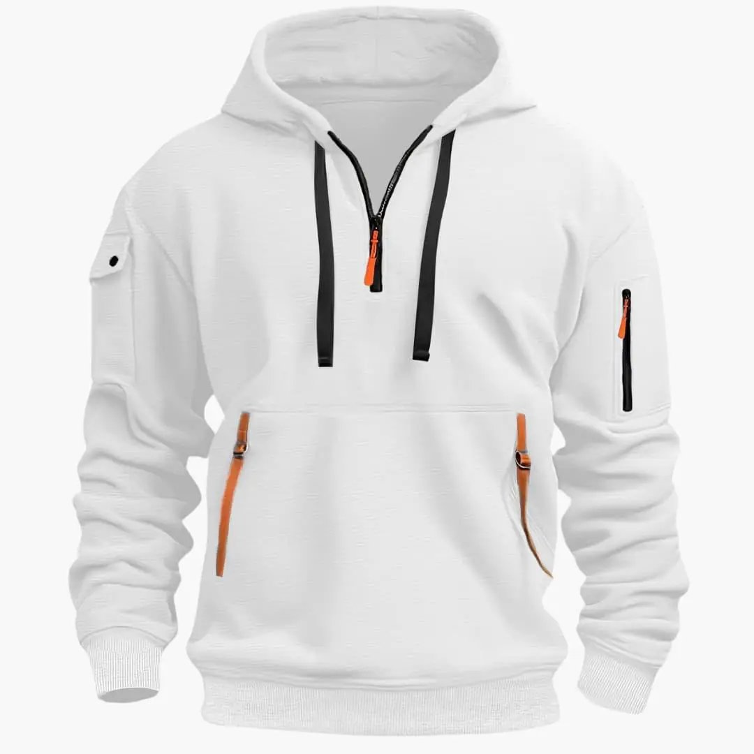 Men’s Hoodie Wilfred Smith, white with adjustable hood, black drawstrings, and orange zipper pulls on front pockets.