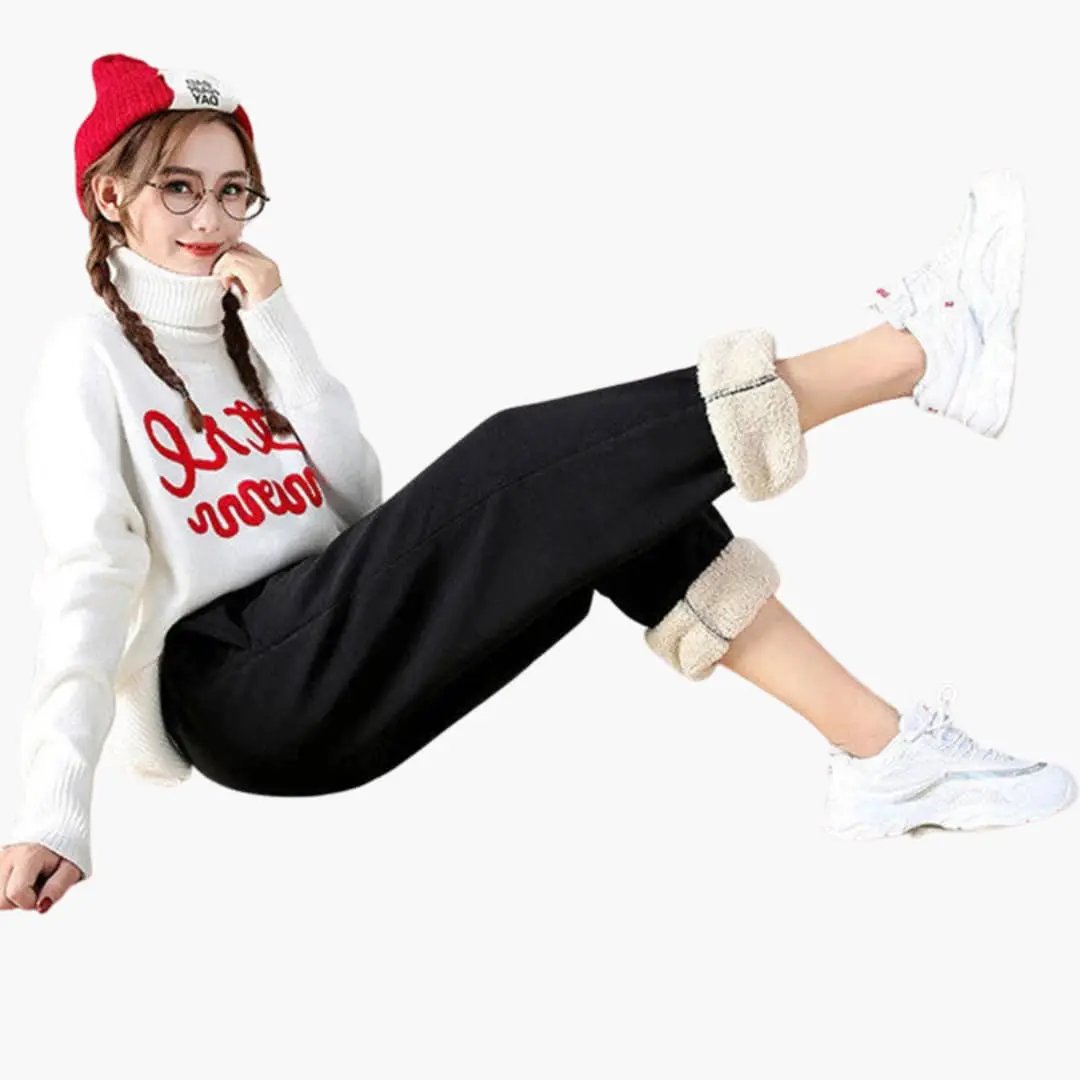 Women's jogging pants by Wilfred Smith, black with drawstring waist and beige fleece cuffs
