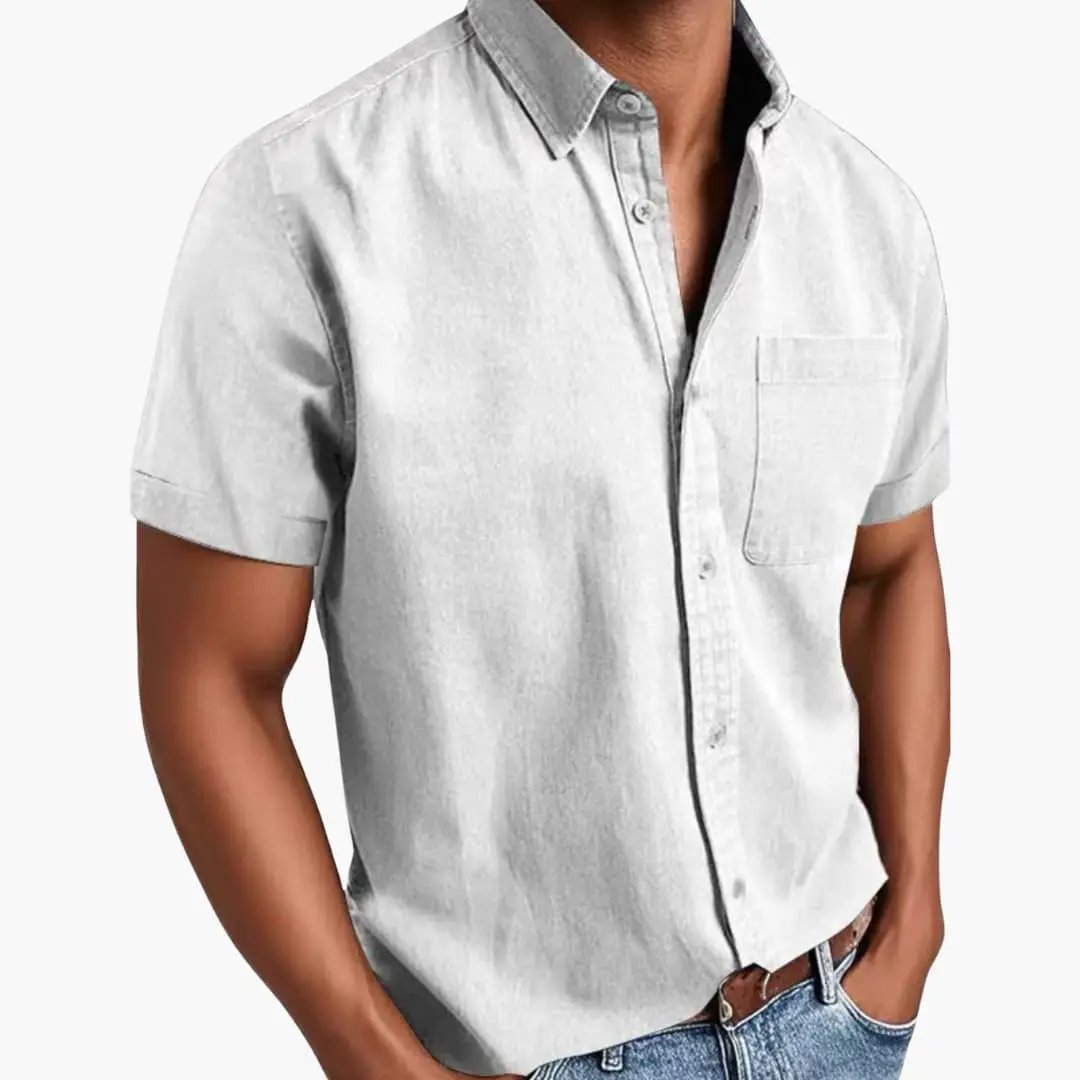 Men's short sleeve shirt with chest pocket in light gray by Wilfred Smith
