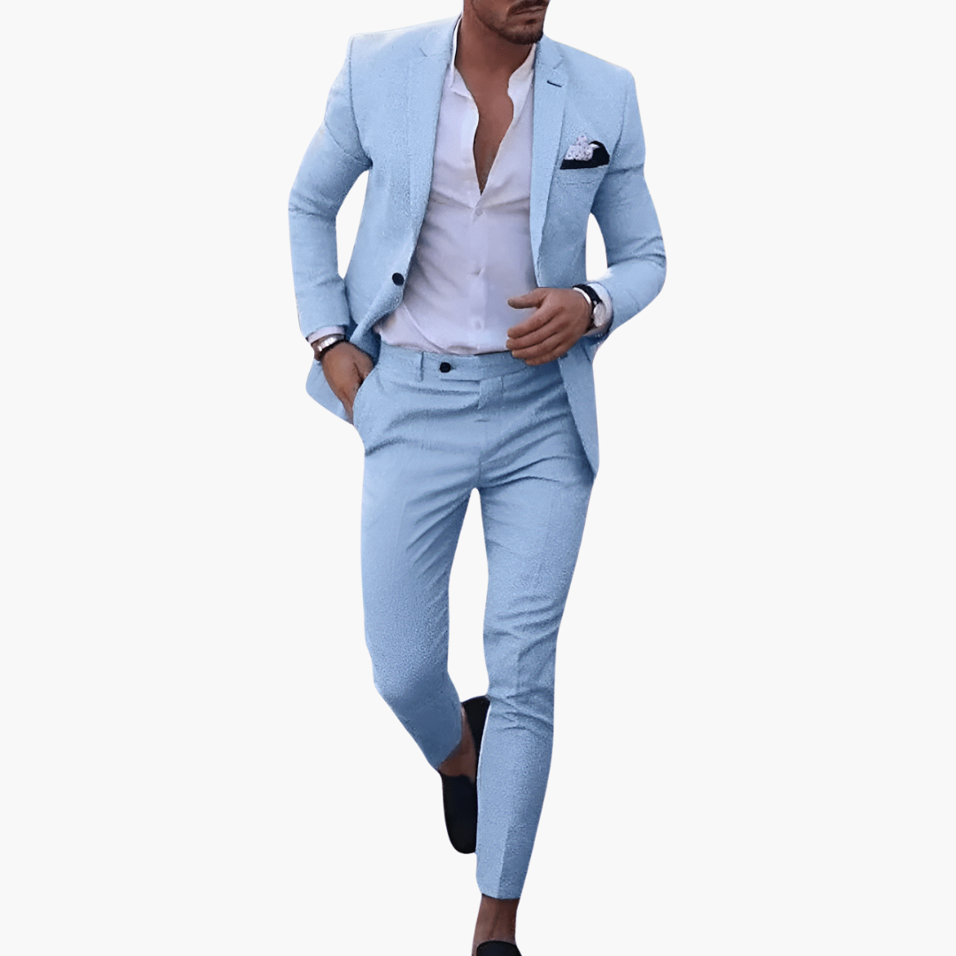 Men's light-blue summer suit set with jacket and slim trousers, two-piece