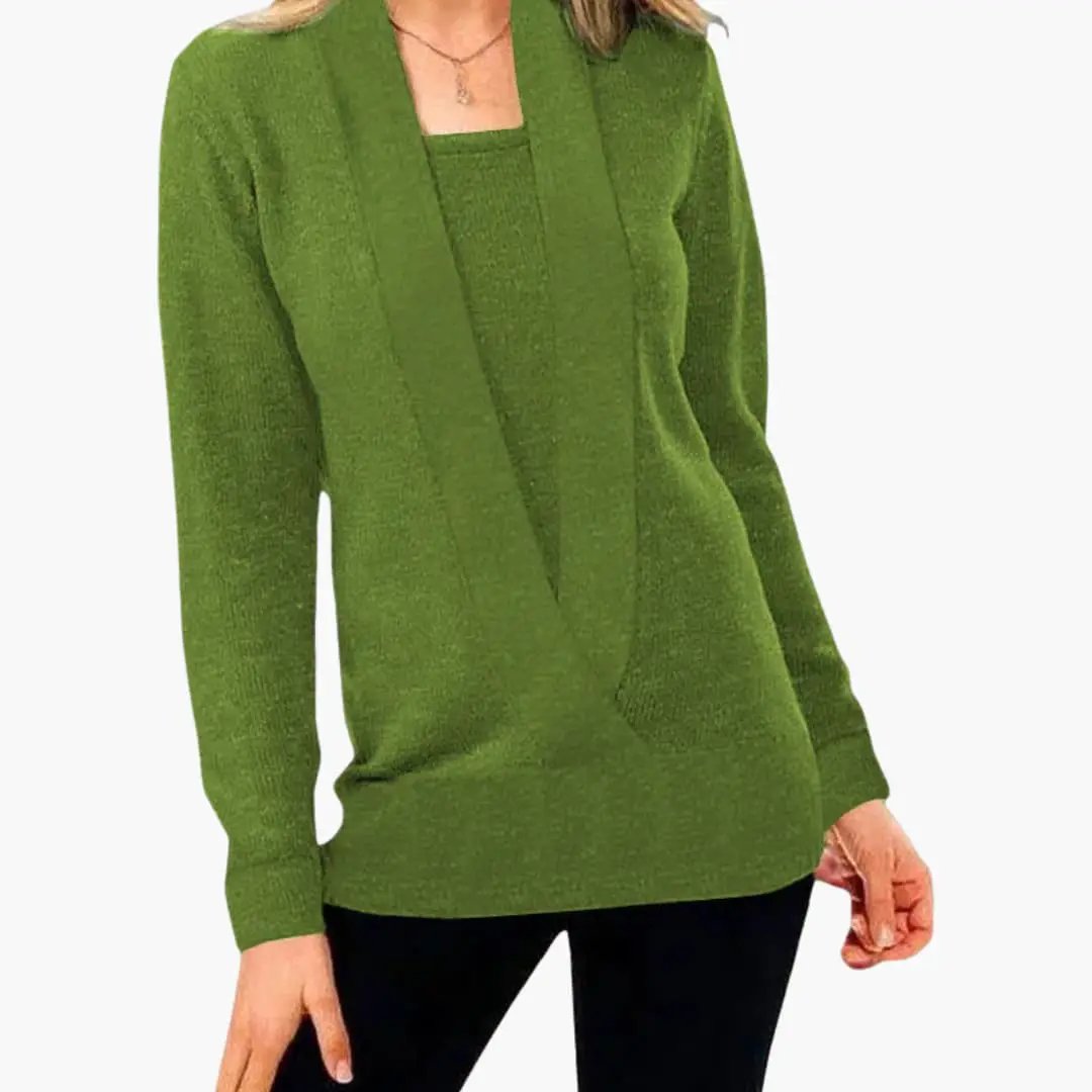 Women's green knit sweater with deep V-neck and long sleeves, Wilfred Smith