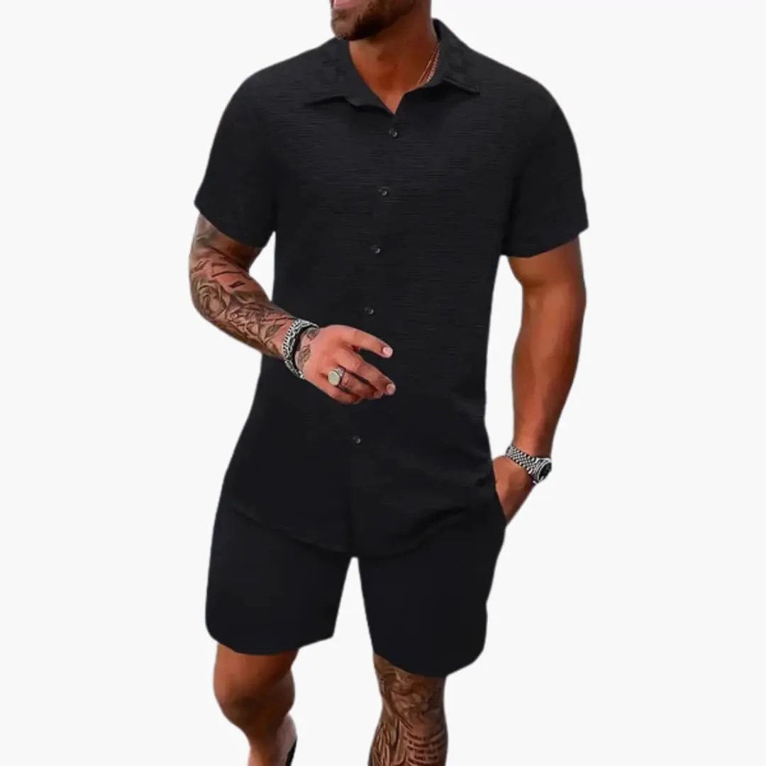 Men's two-piece cotton-blend set with jacquard texture; black shirt and shorts by Wilfred Smith
