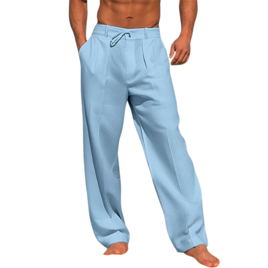 Men's casual pants with drawstring waist and side pockets in light blue by Wilfred Smith