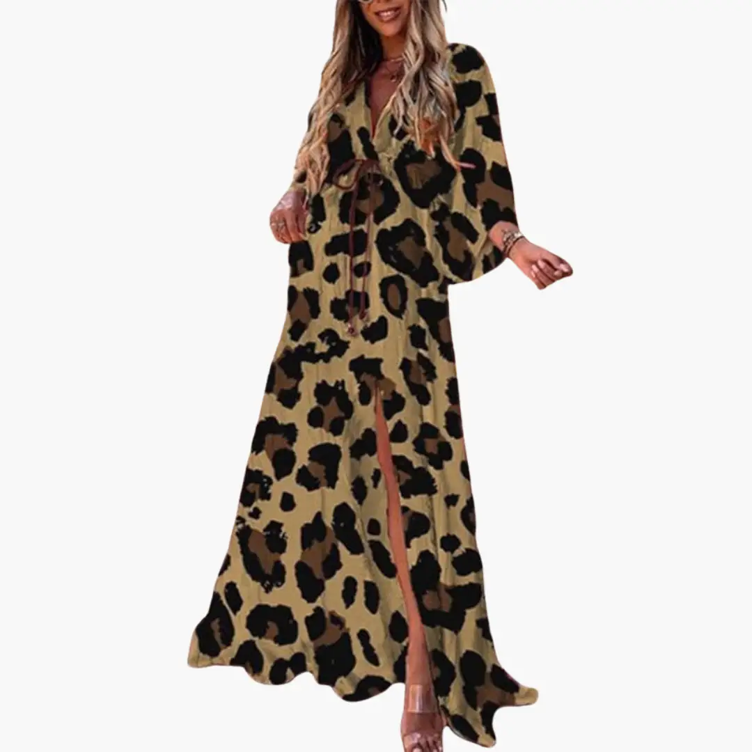 Maxi dress by Wilfred Smith, leopard print in beige and black, front slit, flowy silhouette