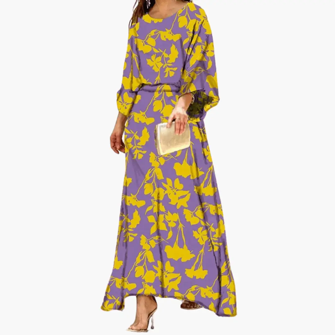 Damen Maxikleid in purple with yellow floral print, boho summer maxi dress