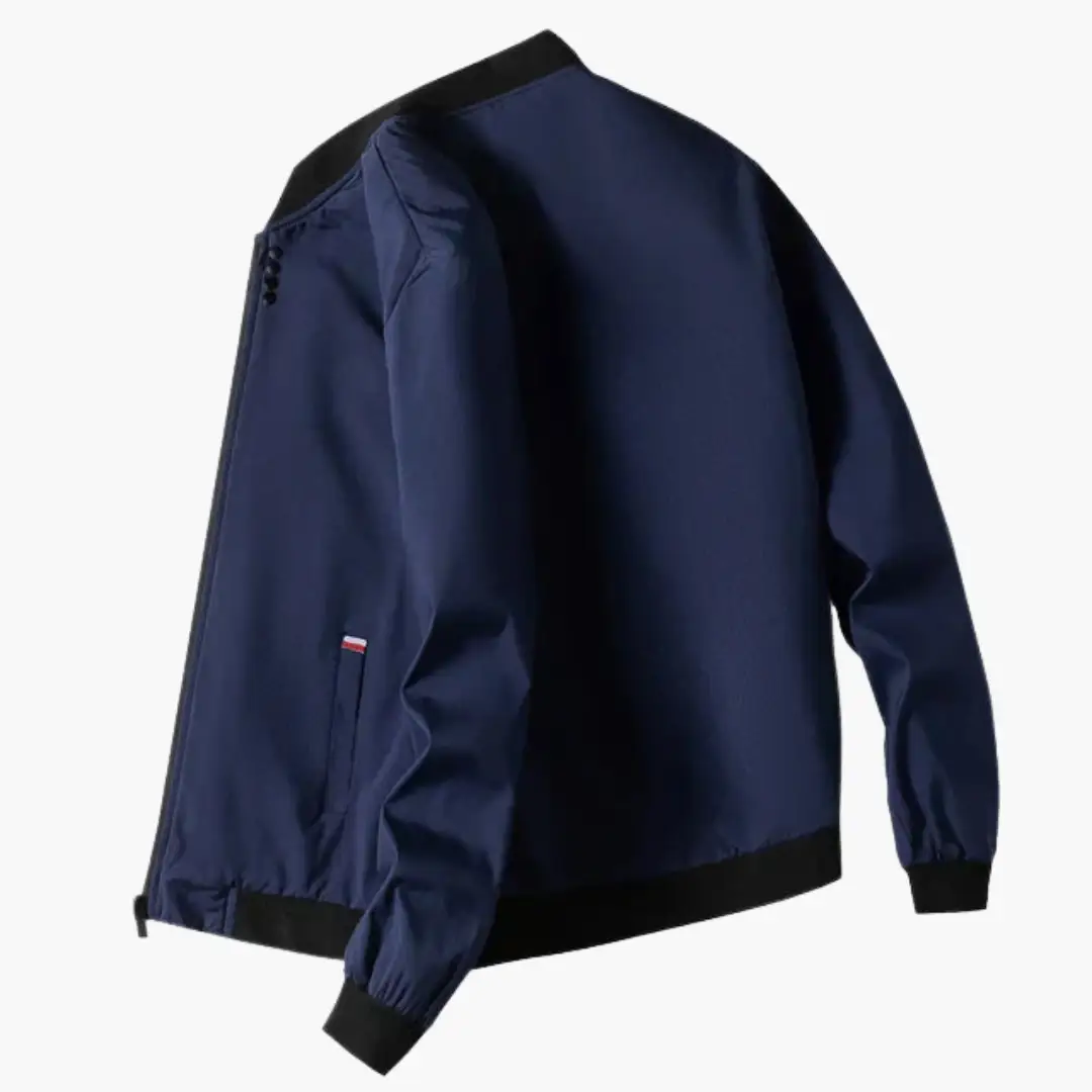 Men's navy bomber jacket with ribbed collar and waist pockets by Wilfred Smith