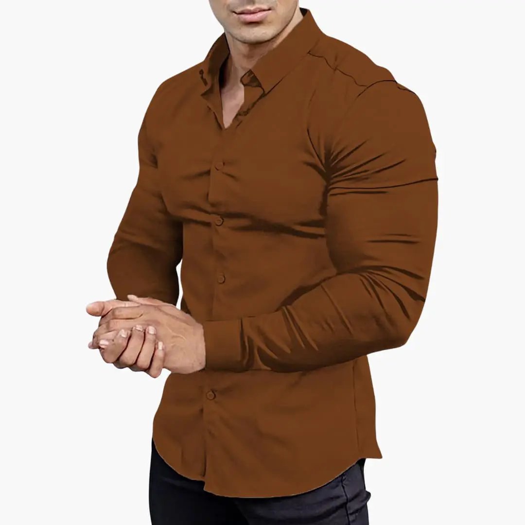 Slim-Fit Shirt for Men in brown by Wilfred Smith; long-sleeve button-down shirt.