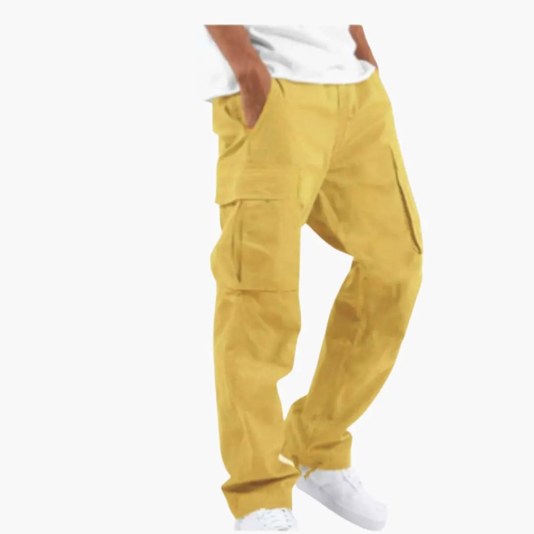 Men’s cargo pants with wide legs and pockets in mustard yellow
