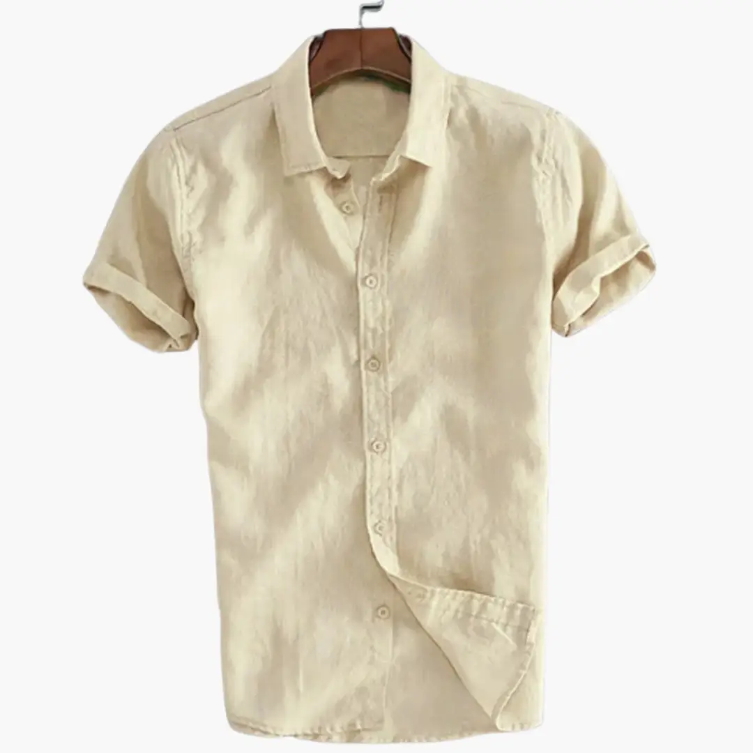Casual men's shirt in cream beige with short sleeves, button-down style on hanger