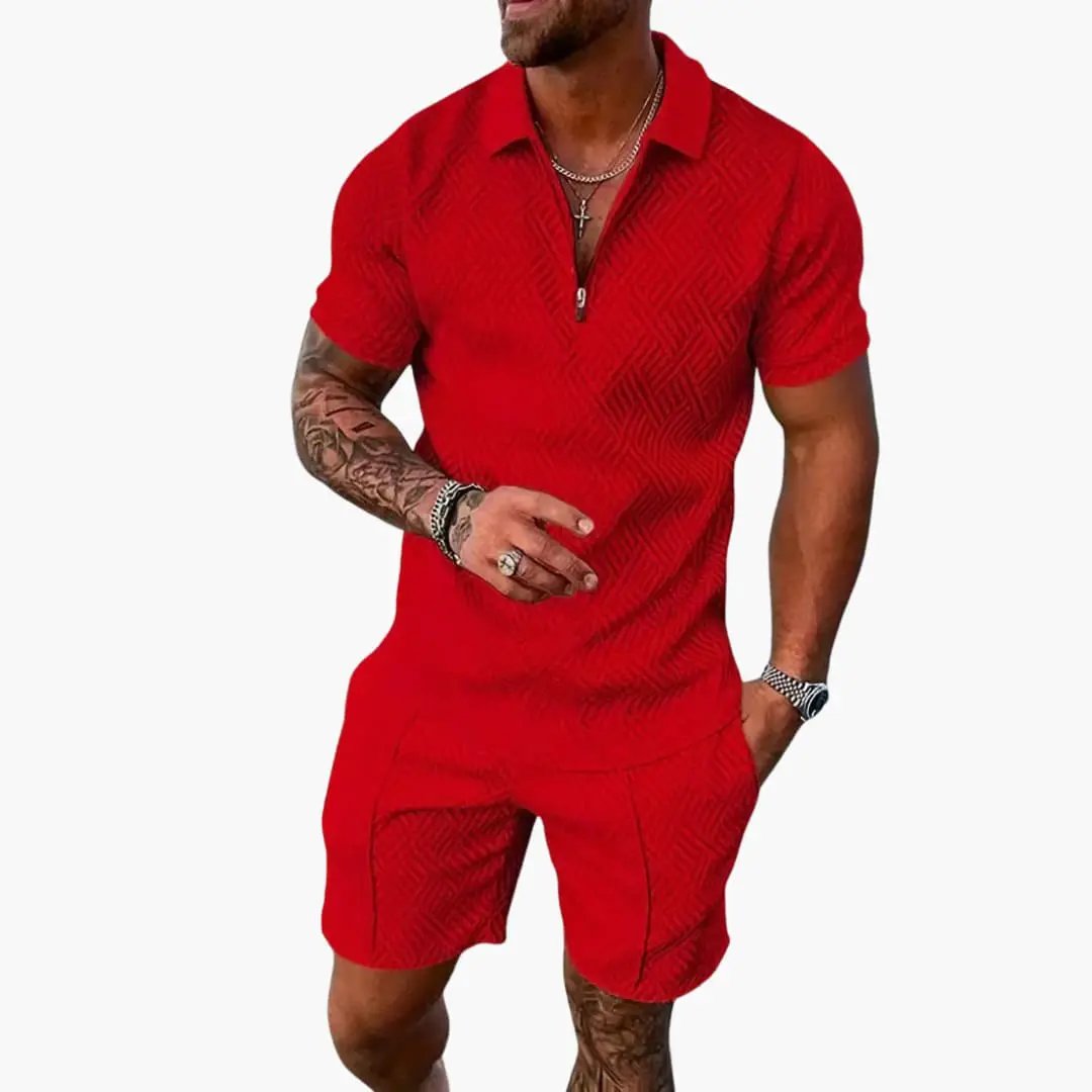 Men's Summer Two-Piece with Zipper and Shorts by Wilfred Smith, red outfit set for leisure and travel.