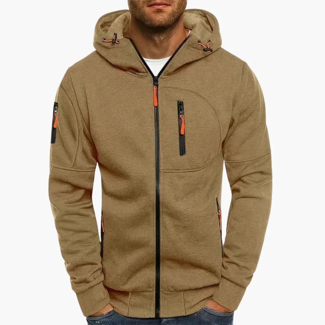 Mens hooded jacket in tan fleece with front zipper, chest pockets with orange zippers and orange zip pulls