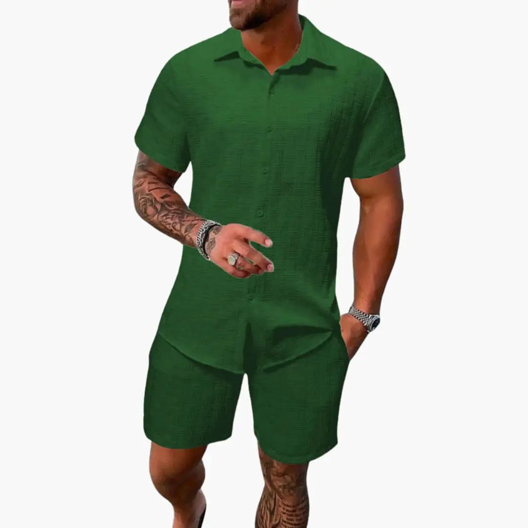 Men's two-piece cotton-blend set with jacquard texture in green