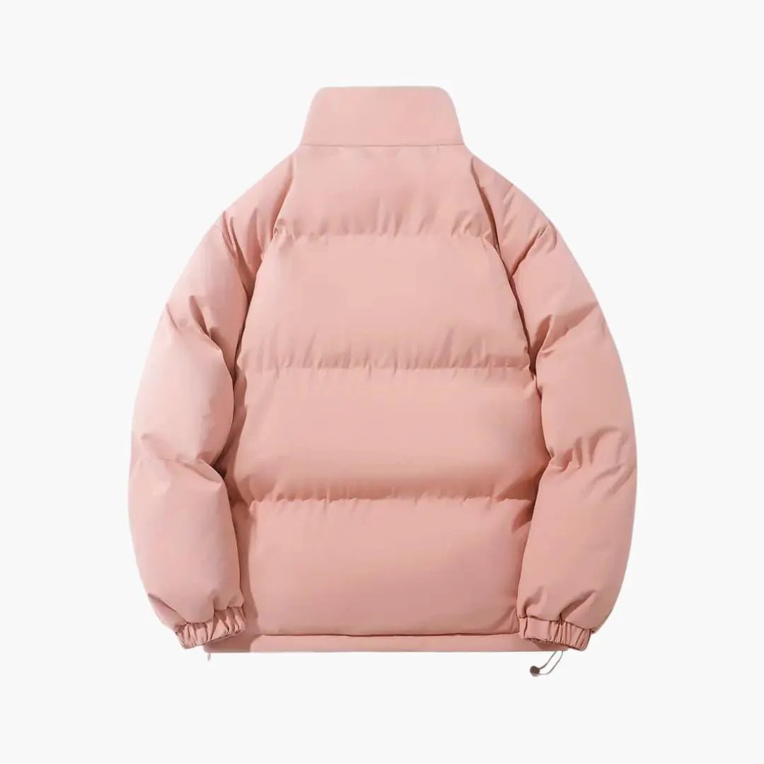 Women's pink puffer hooded jacket with horizontal quilting, back view.