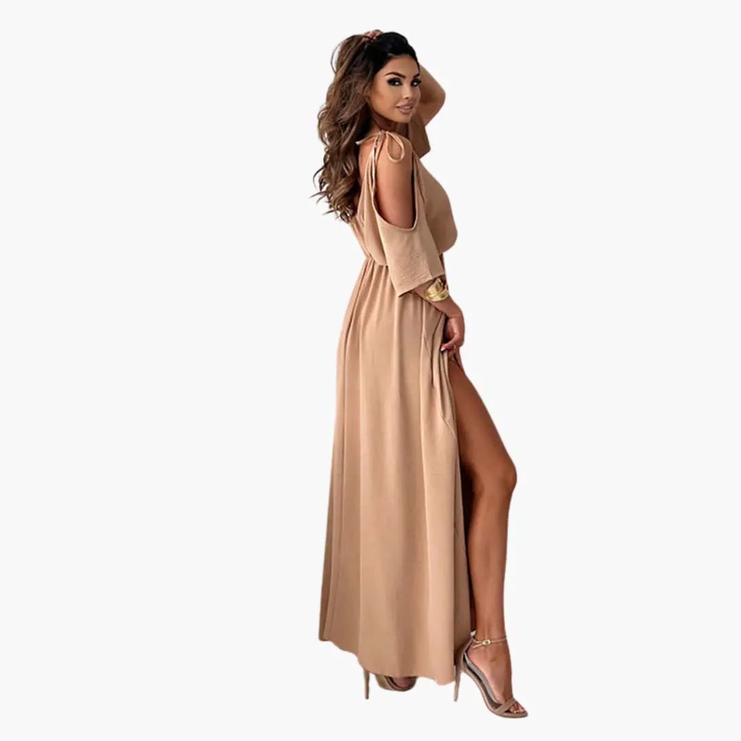 Beige maxi dress with V-neck, cold-shoulder sleeves, and high slit