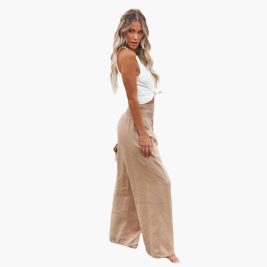 Palazzo trousers for women, beige wide-leg summer pants by Wilfred Smith